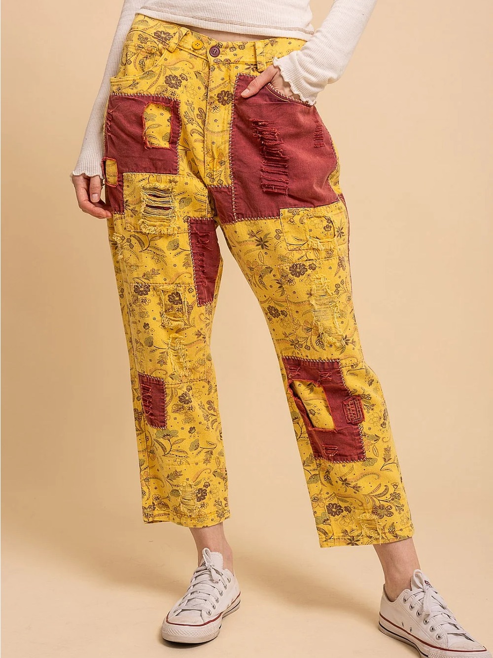 🌻 BlueVelvet | 100% COTTON | Mustard Red Twill Patch Work Pants | size S/M
